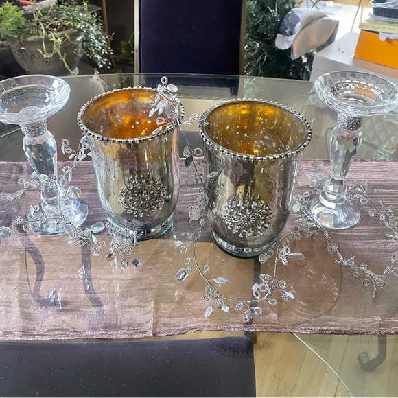 Accents 2 Mercury Glass Hurricanes 2 Beveled Glass Candle Holders
